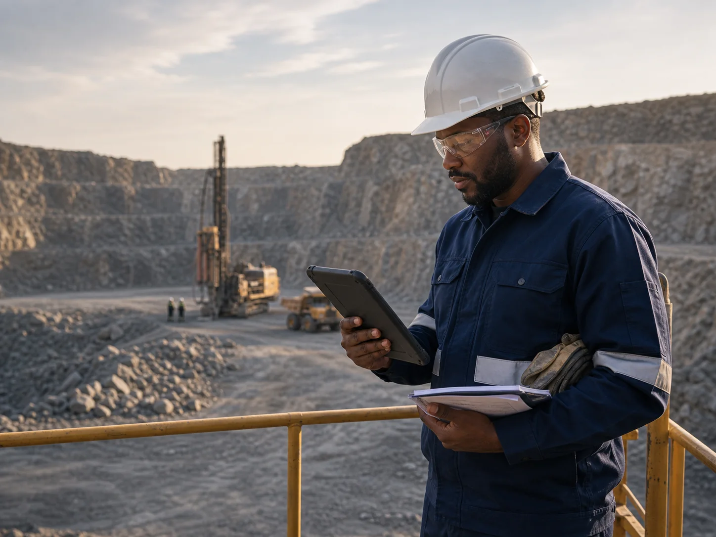 African quarry engineer reviewing project information at a granite quarry