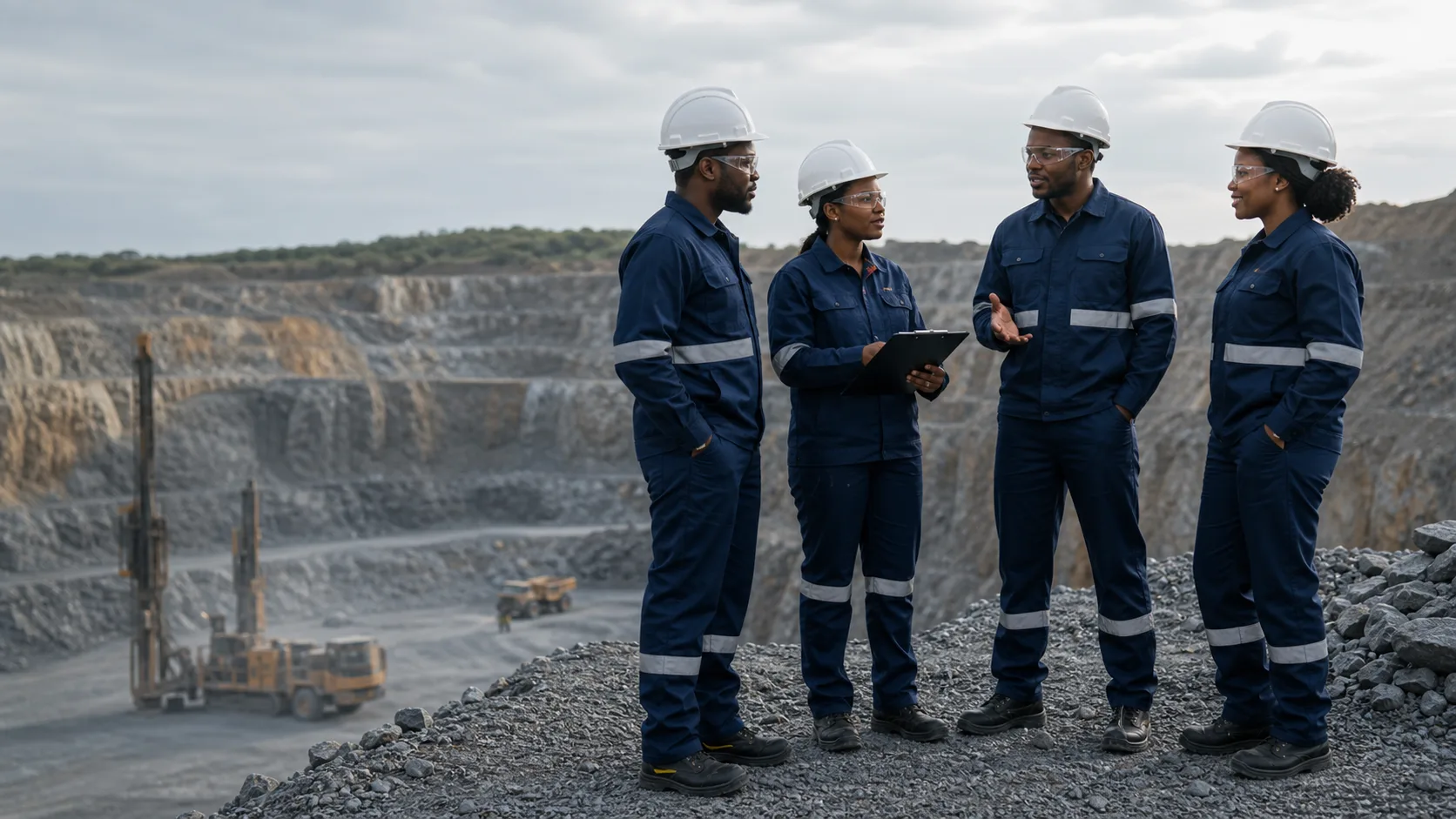 African mining professionals discussing quarry operations in full protective equipment